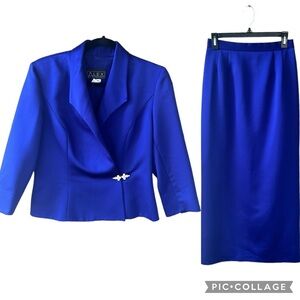 Alex Evenings Vintage Mother of the Bride Satin Cobalt Blue Skirt Jacket Set 10P
